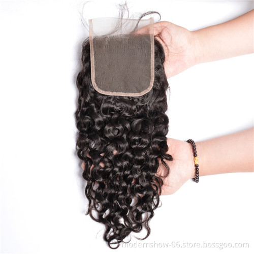 Wholesale price brazilian virgin human hair water wave lace closure, free part middle part three part human lace closure